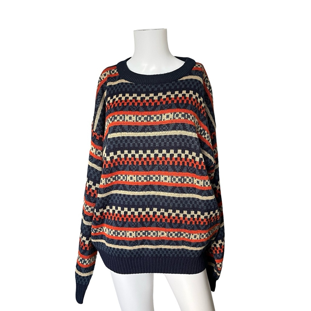 Vintage Striped Sweater Blue Orange Knit Geometric Pattern Size Large